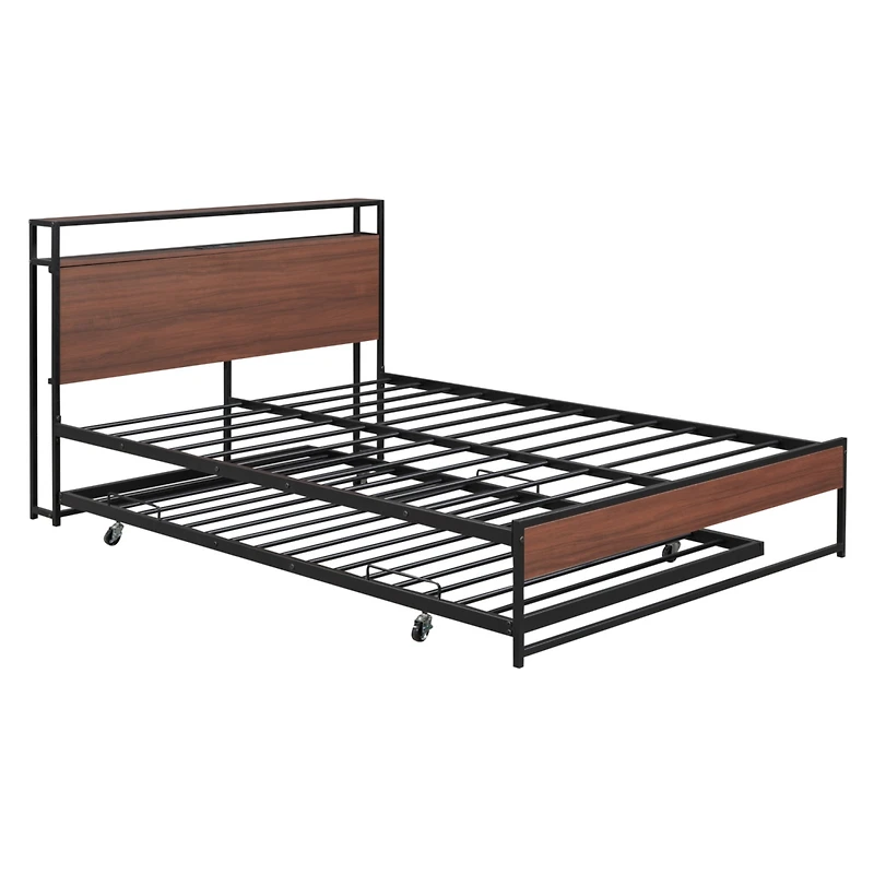 Streamdale Metal Platform Bed Frame w/ Trundle, Usb Ports
