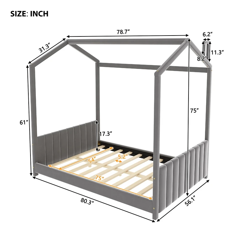 Streamdale Full Size Velvet House Bed Wood Bed