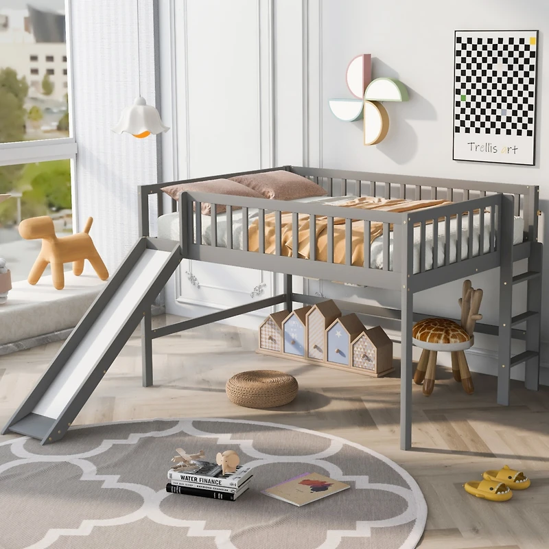 Streamdale Full Size Low Loft Bed With Ladder And Slide