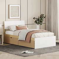 Simplie Fun Modern Twin Bed Frame with High Gloss White and Oak Finish