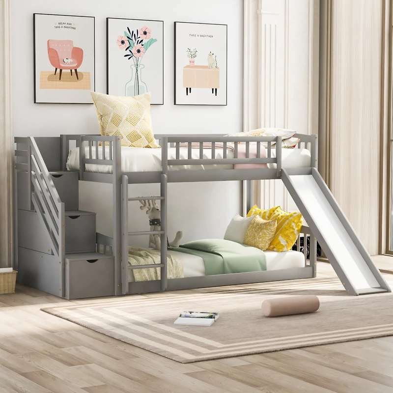 Simplie Fun Stairway Twin Over Twin Bunk Bed With Two Drawers And Slide