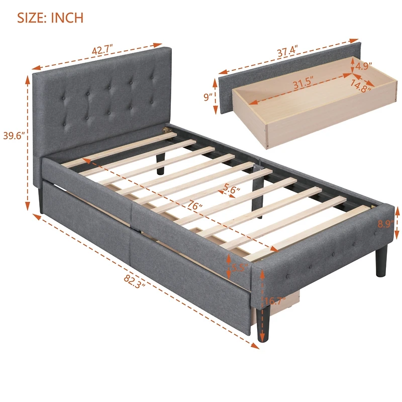 Streamdale Twin Size Upholstered Platform Bed With 2 Drawers
