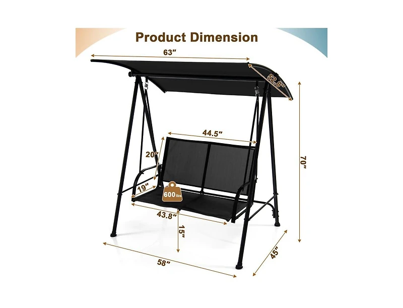 Slickblue 2-Seat Outdoor Canopy Swing with Comfortable Fabric Seat and Heavy-duty Metal Frame