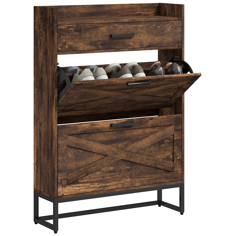 Homcom Narrow Shoe Cabinet with 2 Flip Doors and Top Drawer,
