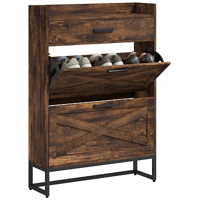 Homcom Narrow Shoe Cabinet with 2 Flip Doors and Top Drawer,