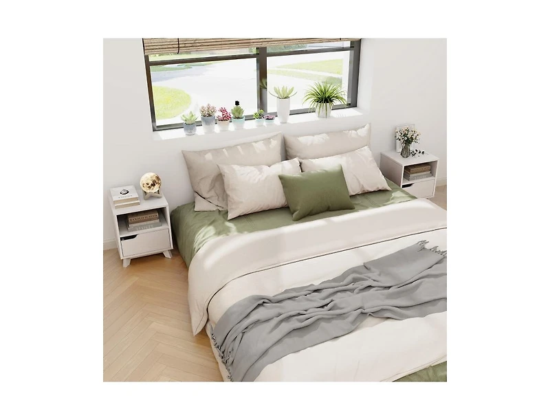 Slickblue Mid Century Modern Bedside Table with Storage Drawer and Open Shelf-White