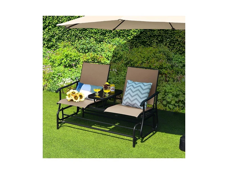 Slickblue 2-Person Double Rocking Loveseat with Mesh Fabric and Center Tempered Glass Table