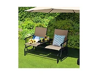 Slickblue 2-Person Double Rocking Loveseat with Mesh Fabric and Center Tempered Glass Table