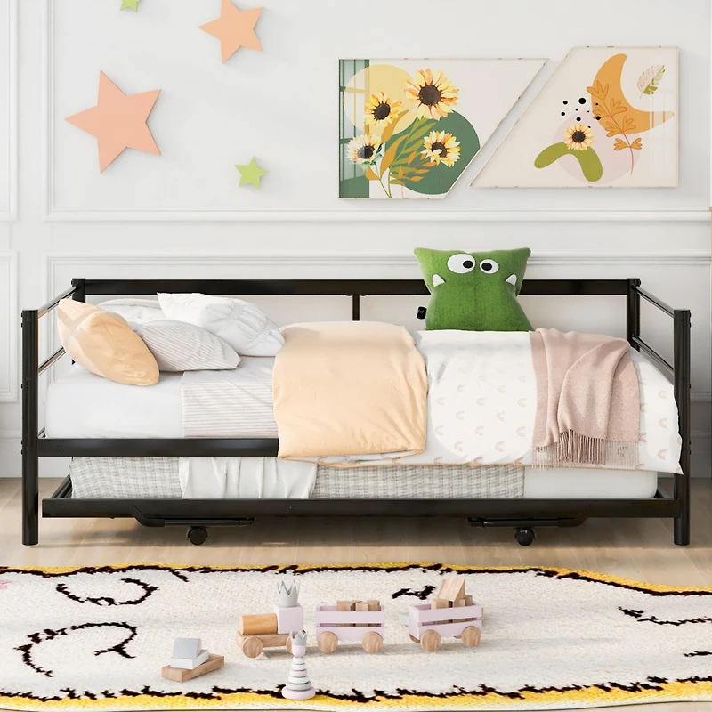 Streamdale Twin Metal Daybed With Adjustable Trundle, Pop Up Silver