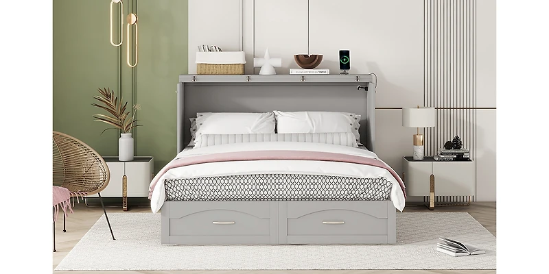 Streamdale Queen Size Wall Bed with Drawer and Charging Ports