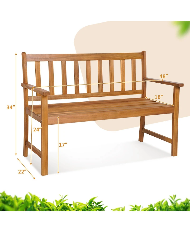 Slickblue 2-Person Patio Acacia Wood Bench with Backrest and Armrests