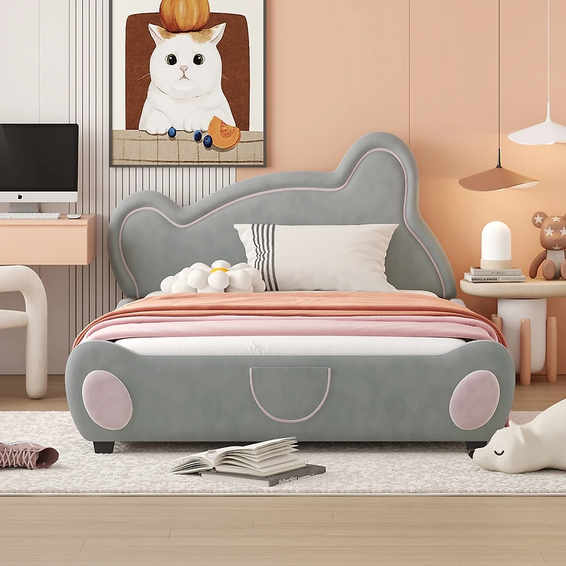 Streamdale Velvet Platform Bed with Bear Headboard and Storage
