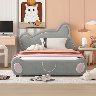 Streamdale Velvet Platform Bed with Bear Headboard and Storage
