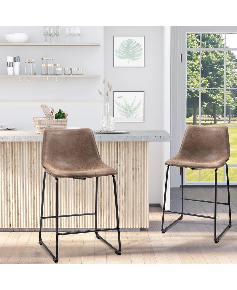 Homcom Counter Height Bar Stools Set of 2 W/ Footrest, Vintage Pu Leather, Dark Brown