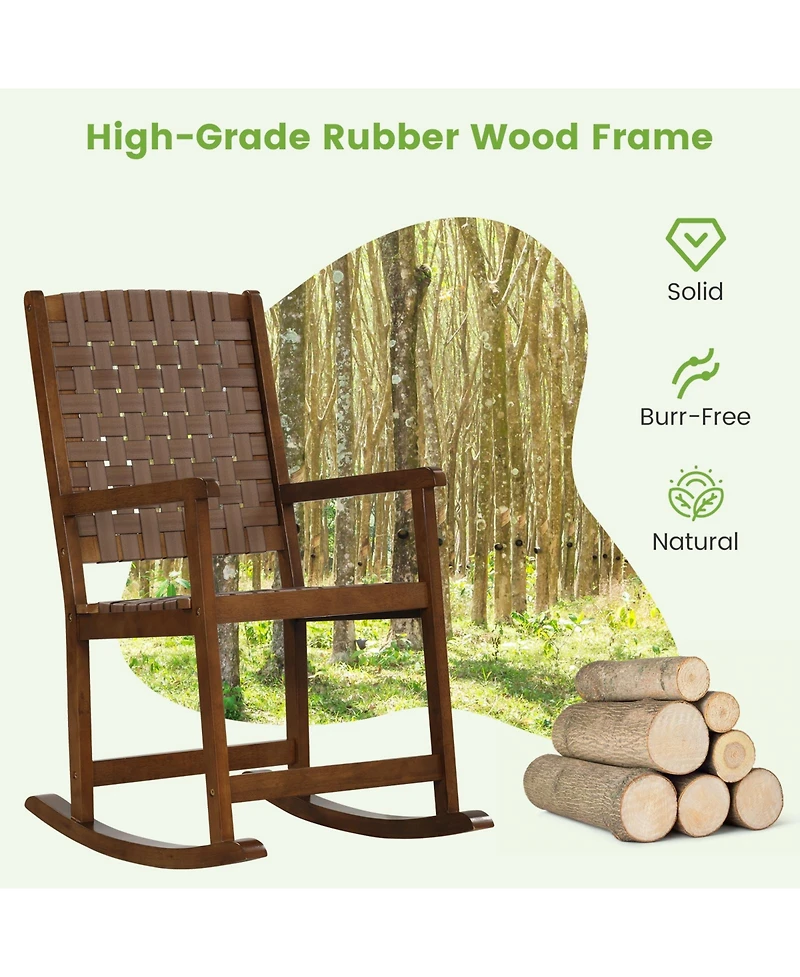 Slickblue Patio Wood Rocking Chair with Pu Seat and Rubber Wood Frame-Brown