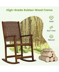 Slickblue Patio Wood Rocking Chair with Pu Seat and Rubber Wood Frame-Brown