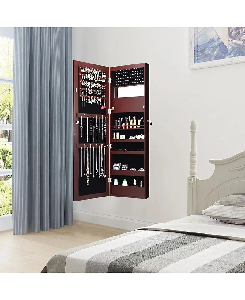 Sugift Lockable Wall Door Mounted Mirror Jewelry Cabinet with Led Lights