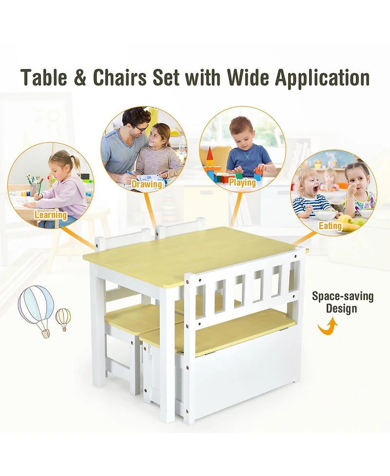 4 Pcs Kids Wooden Activity Table & Chairs Set w/ Storage Bench Study Desk