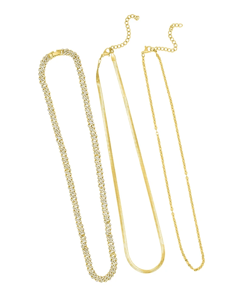 Adornia Gold Adjustable Valentina, Herringbone and 8mm Crystal Curb Chain Necklace Set
