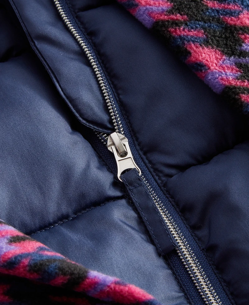 S Rothschild & Co Big Girls Quilted Full-Zip Hooded Puffer Jacket with Faux-Fur Trim & Houndstooth Scarf