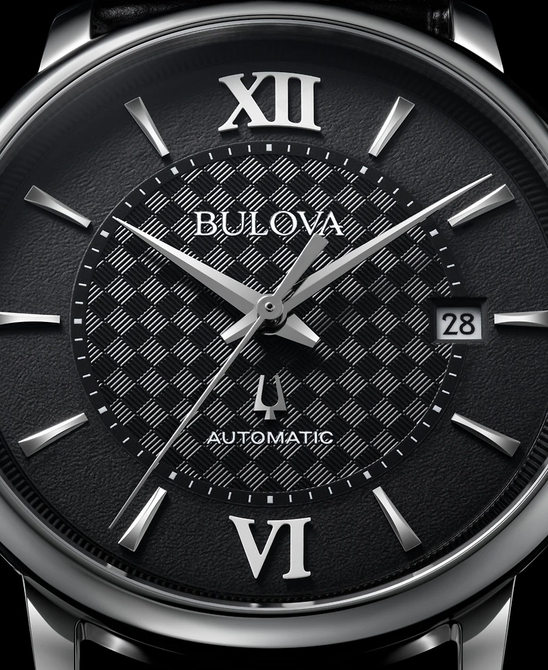 Bulova Unisex Automatic Hudson Black Leather Strap Watch 39mm
