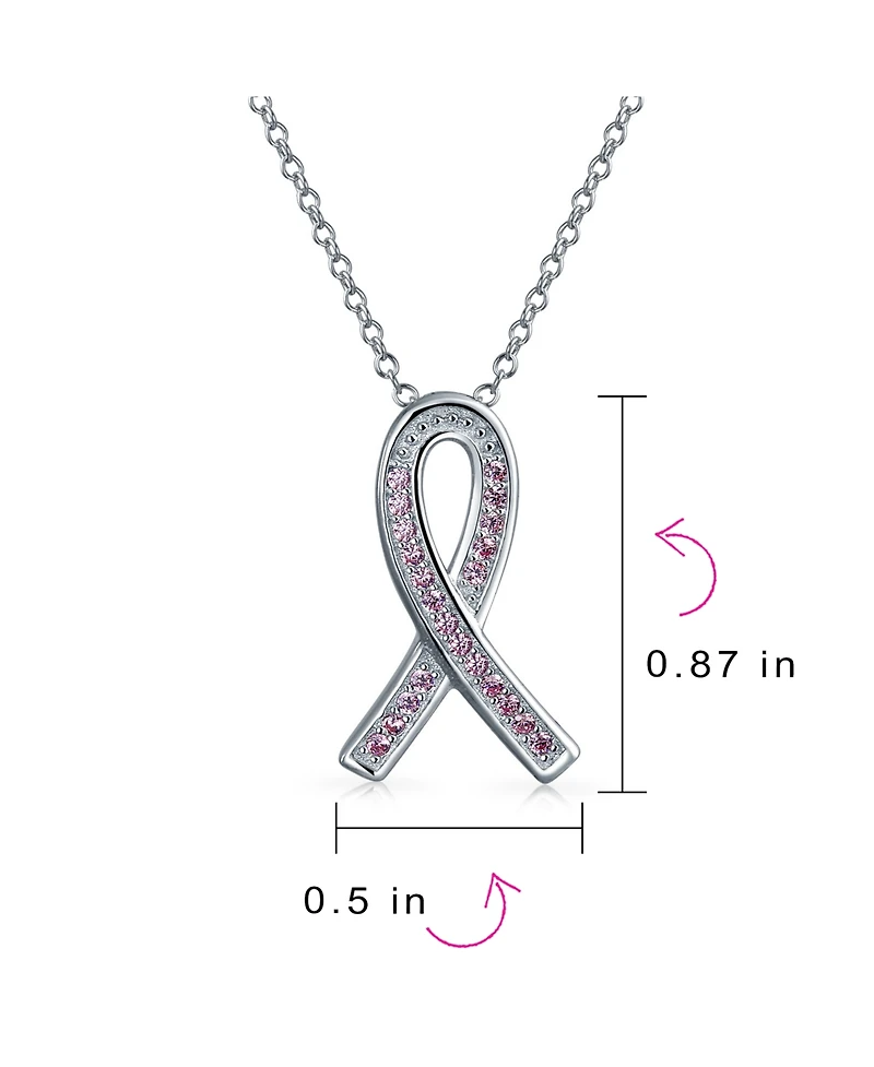Bling Jewelry Delicate Elegant Fine Pave Pink Cubic Zirconia Cz Ribbon Breast Cancer Survivor Pendant Necklace Sterling Silver 18 Inch
