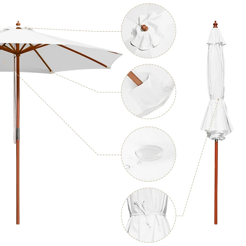 Yescom 9FT Wooden Patio Umbrella UV30+ for Beach Pool Wedding Party Table Market Garden Yard Hotel Deck Cafe White