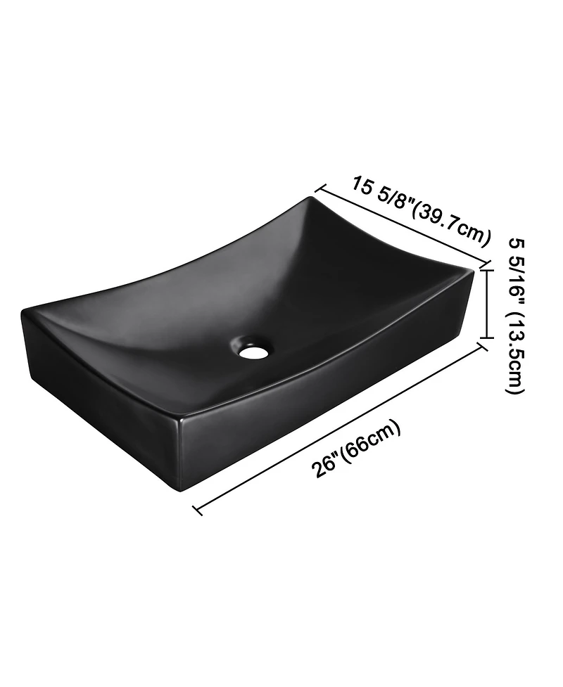 Aquaterior 26" Black Rectangle Bathroom Vessel Sink Countertop Porcelain Vanity Sink Basin w/ Drain