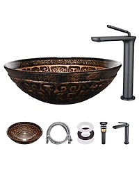 Aquaterior Round Tempered Glass Vessel Sink w/ Bathroom Single-Hole Faucet Drain