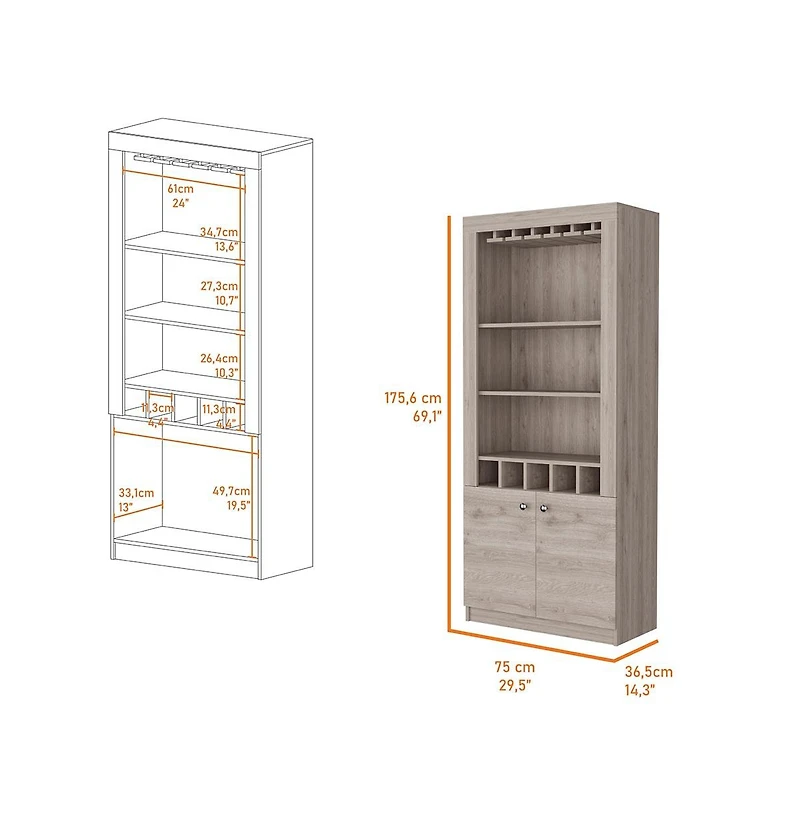 Fm Furniture New York Bar Cabinet, Five Bottle Cubbies, Three Open Shelves
