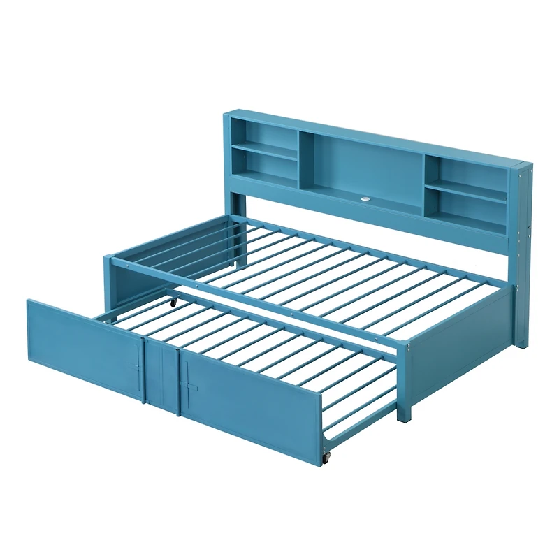 Simplie Fun Metal Twin Size Daybed With Twin Size Trundle, Storage Shelves And Usb Ports
