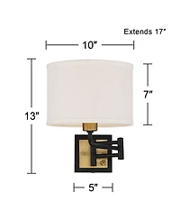 Joelle Mid Century Modern Swing Arm Wall Lamp Black Antique Brass Metal Plug-In Light Fixture Drum Shade for Bedroom Bedside House Reading Living Room