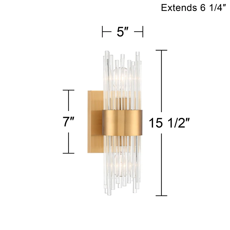 Stiffel Gillery Modern Wall Light Sconce Warm Brass Hardwire 5" 2-Light Fixture Clear Glass Rods for Bedroom Bathroom Vanity Reading Living Room