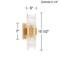 Stiffel Gillery Modern Wall Light Sconce Warm Brass Hardwire 5" 2-Light Fixture Clear Glass Rods for Bedroom Bathroom Vanity Reading Living Room