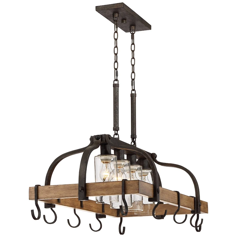 Franklin Iron Works Eldrige Bronze Wood Finish Pot Rack Linear Pendant Chandelier Lighting 36 1/2" Wide Rustic Farmhouse Clear Seed Glass 4-Light Fixt