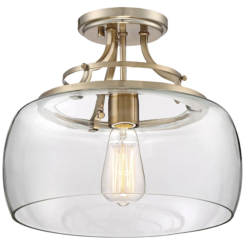 Franklin Iron Works Charleston Rustic Farmhouse Ceiling Light Semi Flush-Mount Fixture 13 1/2" Wide Warm Brass Led Clear Glass Shade for Bedroom Kitch