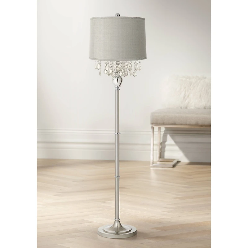 Springcrest Platinum Gray Dupioni Medium Lamp Shade 15" Top x 16" Bottom x 11" High (Spider) Replacement with Harp and Finial
