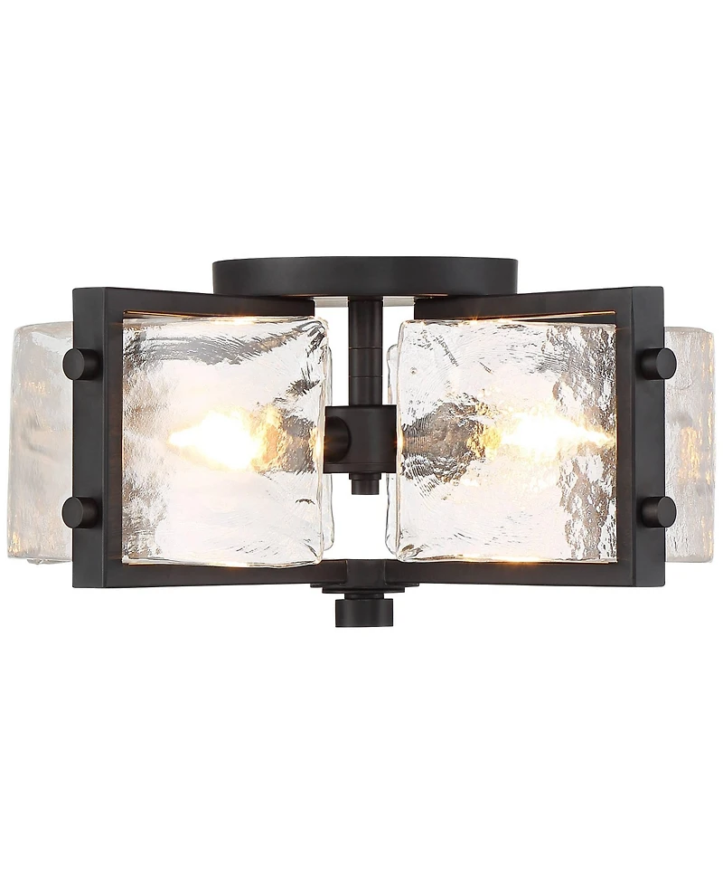Adri Modern Ceiling Light Flush Mount Fixture 4-Light 16.50" Wide Black Metal Curved Textured Glass Panels for Bedroom Kitchen Living Room Family