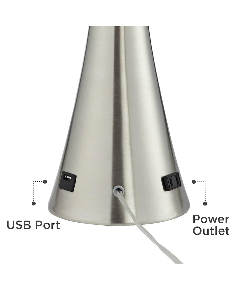 360 Lighting Karl Modern Table Lamps 27 1/2" Tall Set of 2 Brushed Nickel with Usb and Outlet White Drum Shade for Bedroom Living Room House Beds