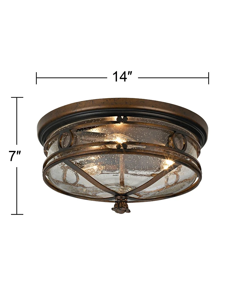 Beverly Drive Rustic Flush-Mount Outdoor Ceiling Light Fixture Bronze 14" Clear Seedy Glass Damp Rated for Exterior House Porch Patio Outside Deck Gar