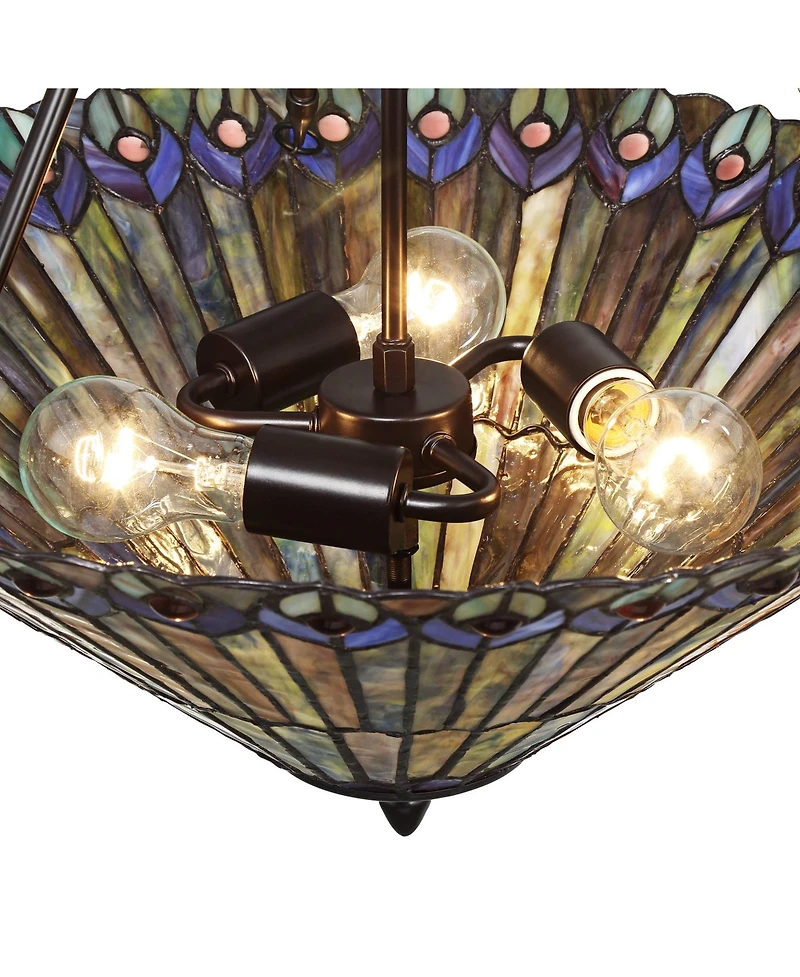 Robert Louis Tiffany Bronze Pendant Chandelier 20" Wide Rustic Peacock Stained Art Glass 3-Light Fixture for Dining Room House Kitchen Island Ent