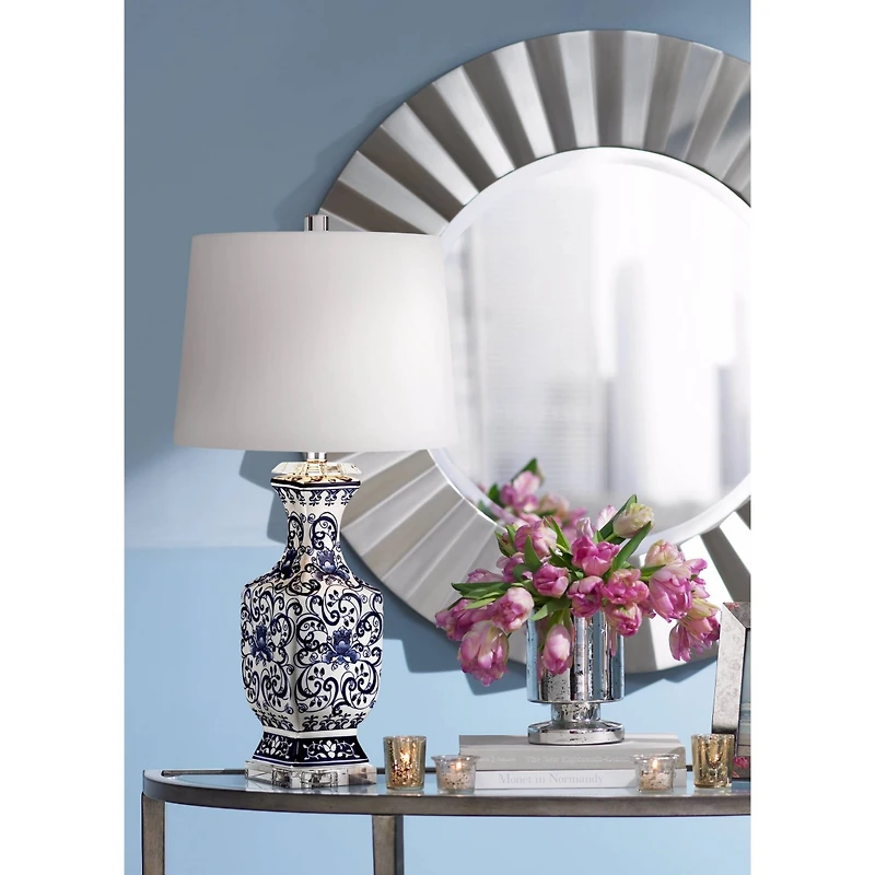 Iris Vintage like Asian Chinese Style Table Lamp 28" Tall Porcelain Blue Floral Jar Geneva White Drum Shade Decor for Living Room Bedroom House B