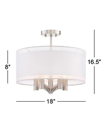 Possini Euro Design Modern Ceiling Light Semi Flush Mount Fixture Brushed Nickel 18" Wide Sheer Silver Double Drum Bedroom Kitchen
