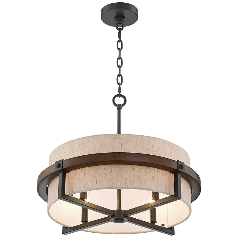 Possini Euro Design Castille Bronze Faux Wood Pendant Chandelier 22" Wide Farmhouse Rustic Tan Fabric Drum Shade 4-Light Fixture for Dining Room House