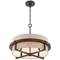 Possini Euro Design Castille Bronze Faux Wood Pendant Chandelier 22" Wide Farmhouse Rustic Tan Fabric Drum Shade 4-Light Fixture for Dining Room House