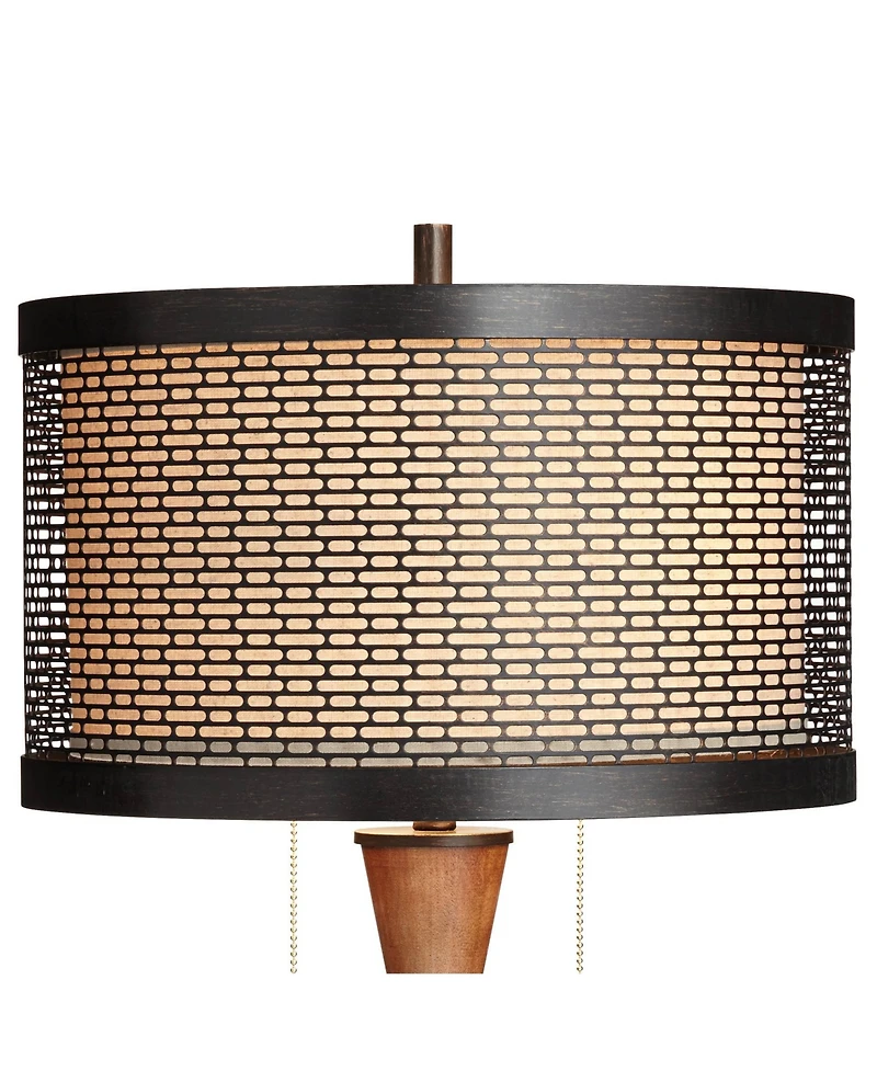 Franklin Iron Works Hunter Modern Rustic Farmhouse Table Lamp 29 3/4" Tall Cherry Wood Bronze Metal Double Drum Shade for Bedroom Living Room Hou
