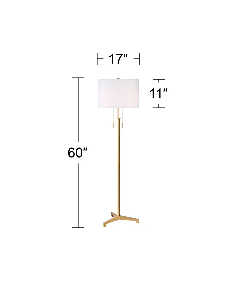 Possini Euro Design Encino Modern Tripod Floor Lamp Standing 60" Tall Brass Gold Metal Off White Fabric Drum Shade for Living Room Bedroom Office