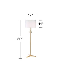 Possini Euro Design Encino Modern Tripod Floor Lamp Standing 60" Tall Brass Gold Metal Off White Fabric Drum Shade for Living Room Bedroom Office