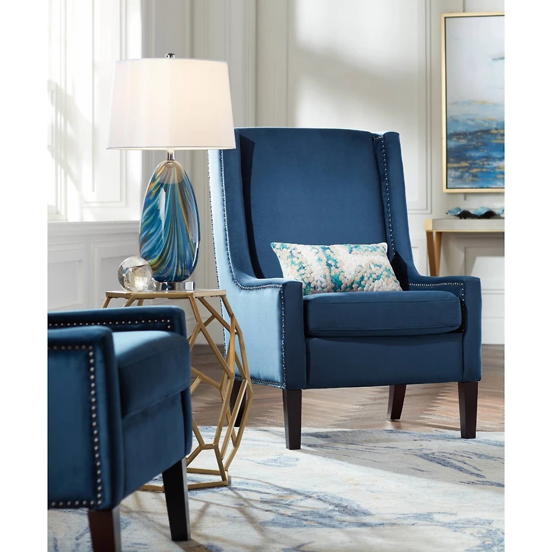 Possini Euro Design Pablo Modern Table Lamp 27" Tall Blue Art Glass White Tapered Drum Shade for Bedroom Living Room Bedside Nightstand Office Fa