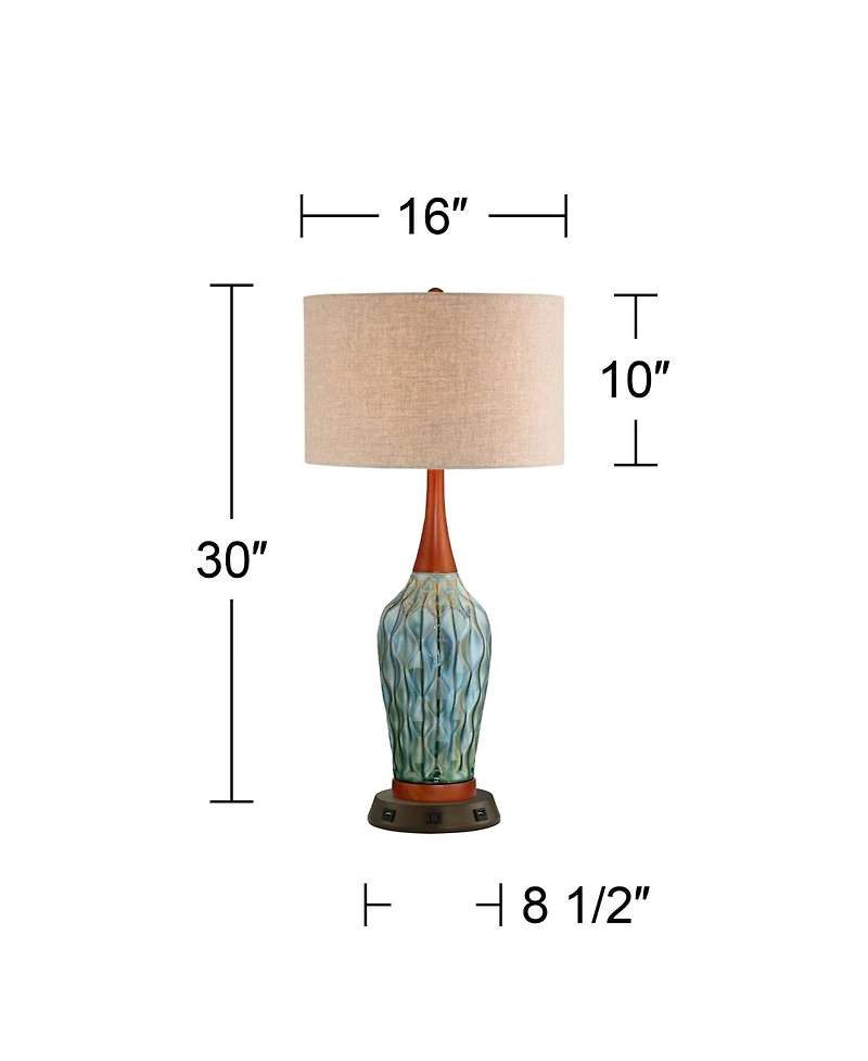 Rocco Mid Century Modern Table Lamp with Usb and Ac Power Outlet Workstation Charging Base Handmade 30" Tall Blue Ceramic Tan Drum Shade for Livi